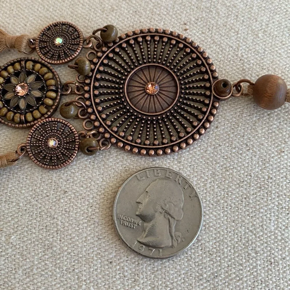 Men’s Boho Medallion Pendant Necklace – Bronze Tone with Faux Suede Cord